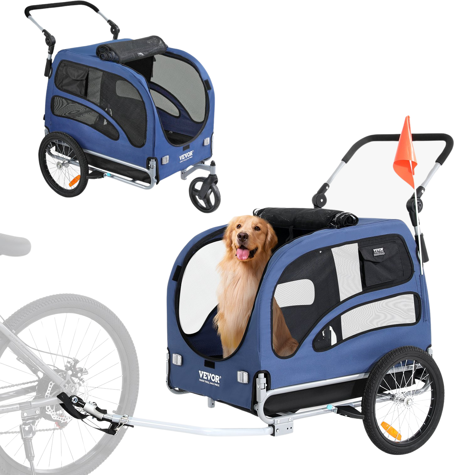 Vevor Dog Bike Trailer 100 lbs. Capacity 2-in-1 Pet Bicycle Stroller Folding Blue/Black New