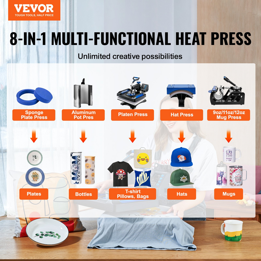 Vevor 12" x 15" Heat Press 8-in-1 Sublimation Machine With 360 Swing Away Rotation and Dual Tube Heating P8001 New