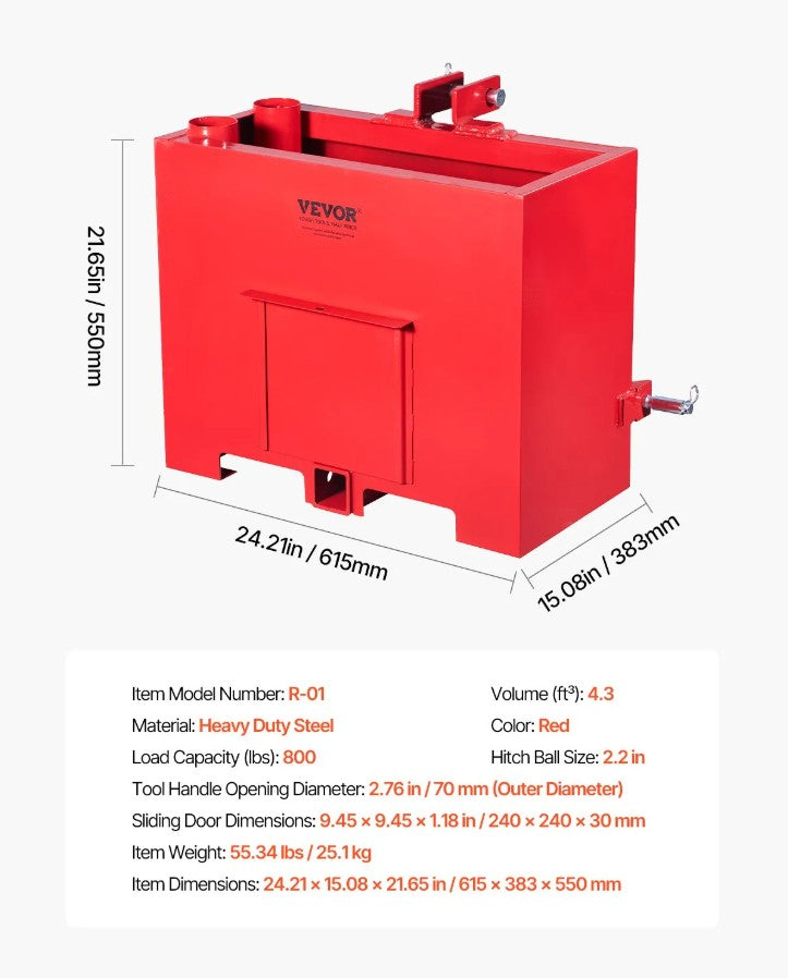 Vevor 3-Point Ballast Box 800 Lb Category 1 Quick Hitch Tractor Counterweight and Tool Holder New