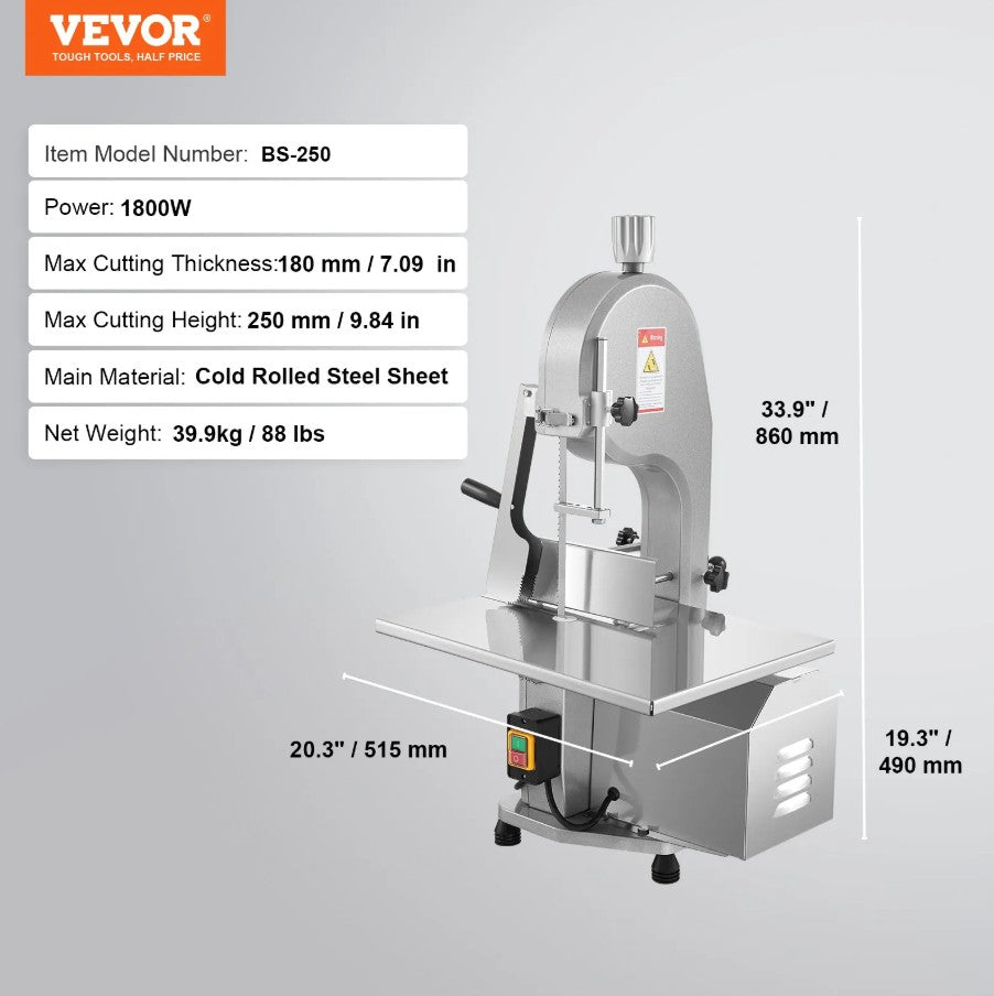 Vevor Commercial Electric Bone Saw 1800W Meat Bandsaw Cutter with 7" Max Thickness New