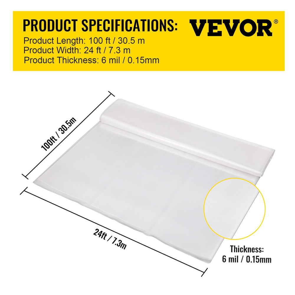 Vevor Greenhouse Film 24' x 100' Plastic Sheeting 6 Mil Thickness UV Proof Clear Polyethylene Cover New