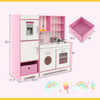 Kids kitchen playset in pink with LED lights, removable sink, and storage options for imaginative play and organization.