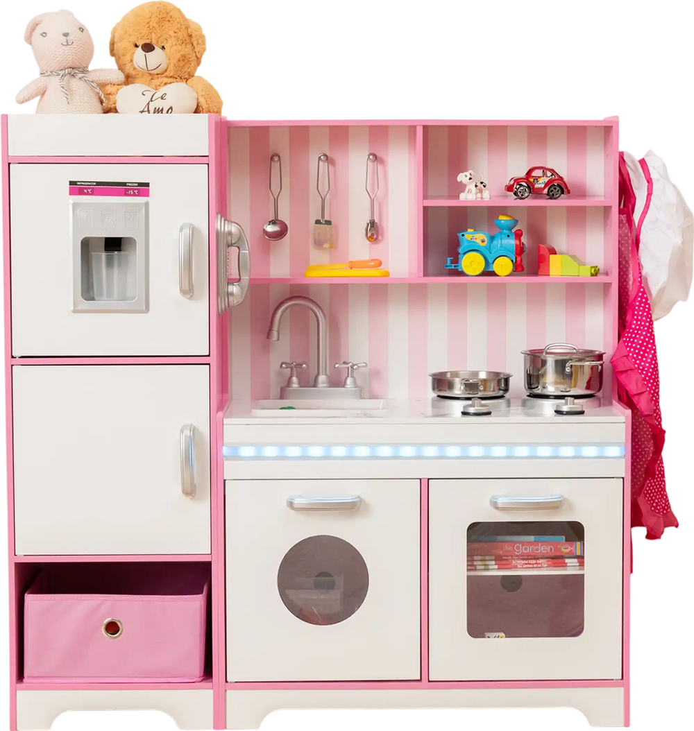 Kids kitchen playset in pink featuring an ice maker, adjustable LED lights, and a spacious storage cabinet for.