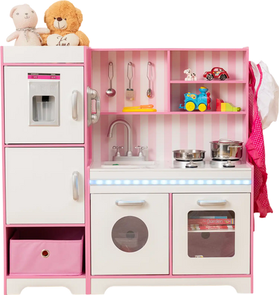 Costway Kids Wooden Kitchen Playset Pink Adjustable LED Lights Washing Machine 42159687 New