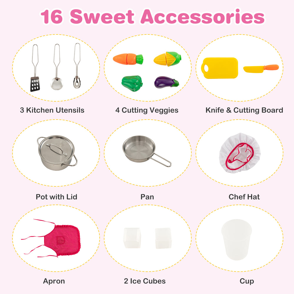 Colorful kids kitchen accessories including utensils, cutting veggies, and a chef hat for imaginative play and learning.