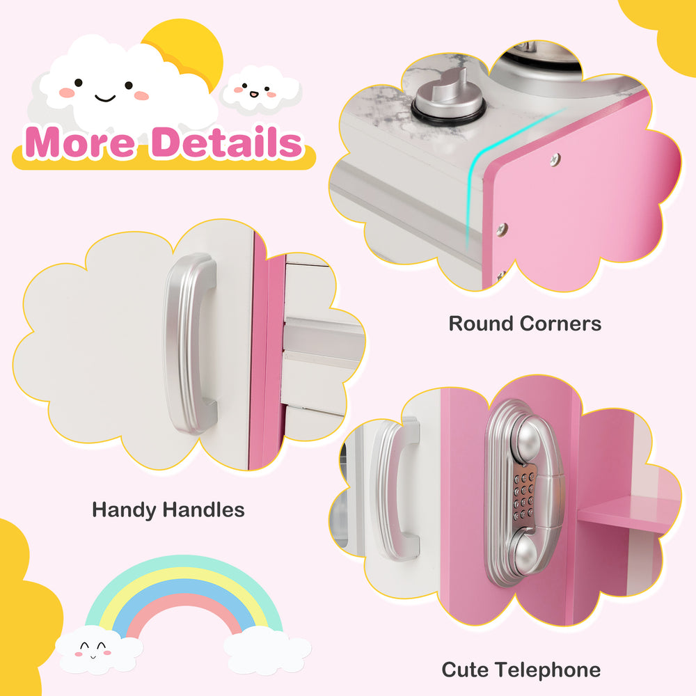 Kids kitchen playset with pink finish, round corners, and handy handles for safe play and organization.