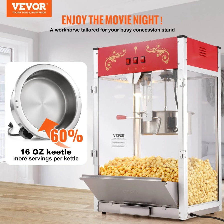 Vevor Commercial Popcorn Machine 16 Oz Kettle 1615W Countertop Popper with Accessories New