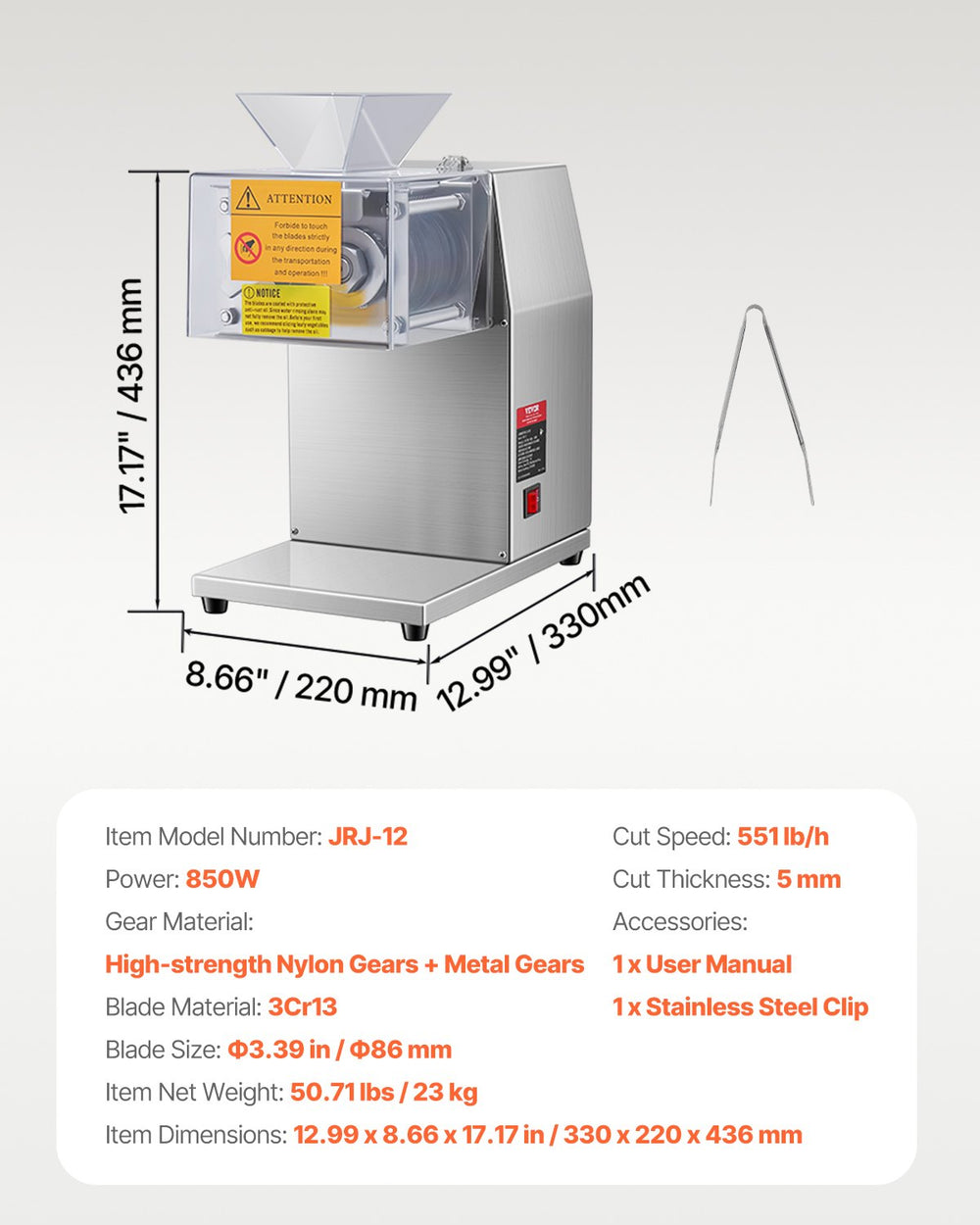 Vevor 850W Electric Meat Cutter 3.4" Stainless Steel Blade with 0.2" Slice Thickness New