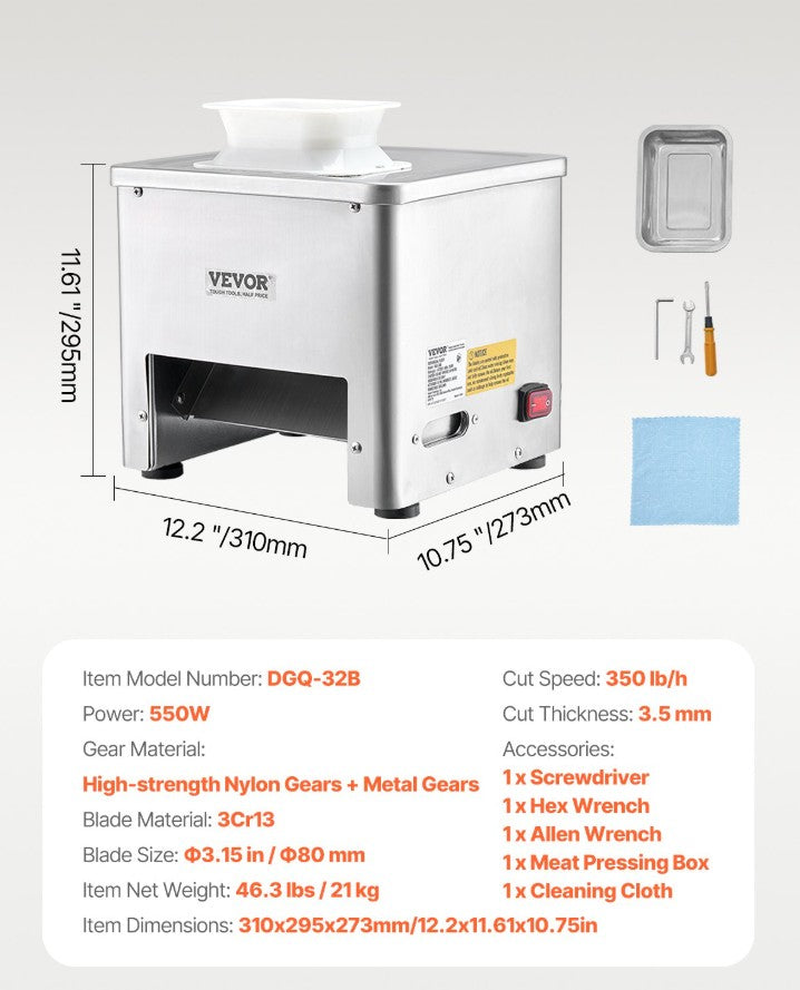 Vevor Electric Meat Cutter 350 Lb/H 550W Stainless Steel Blades New