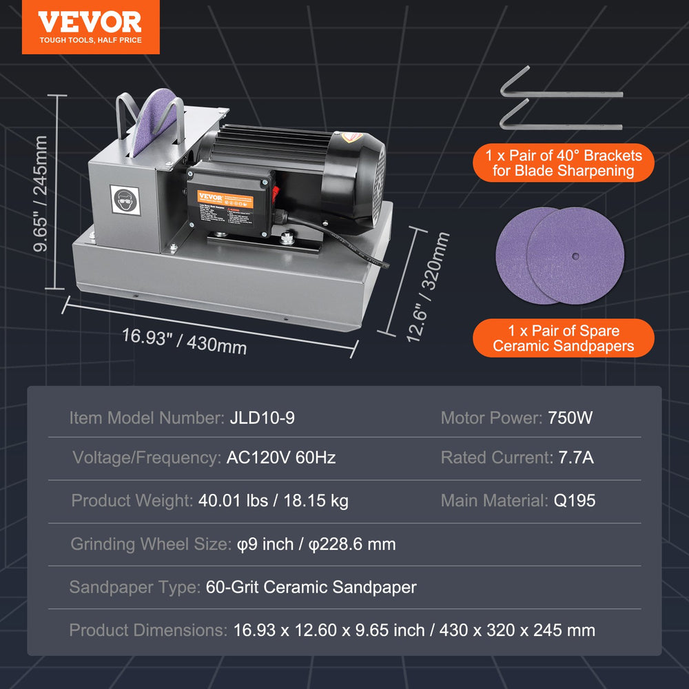 Vevor Lawnmower Blade Sharpener 1 HP 750W with 9" Ceramic Grind Wheel New