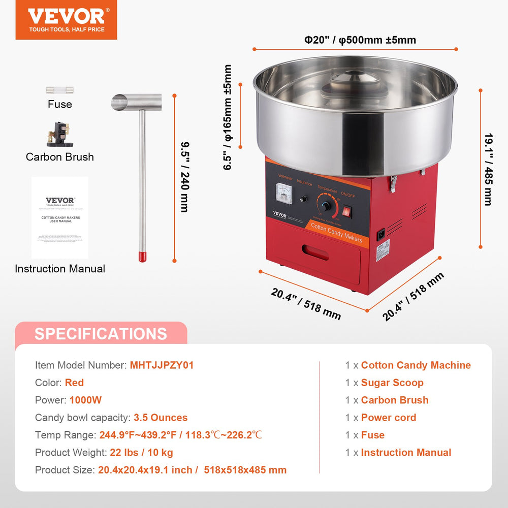 Vevor Cotton Candy Machine 1000W 244-439°F Stainless Steel Bowl with Sugar Scoop and Drawer New