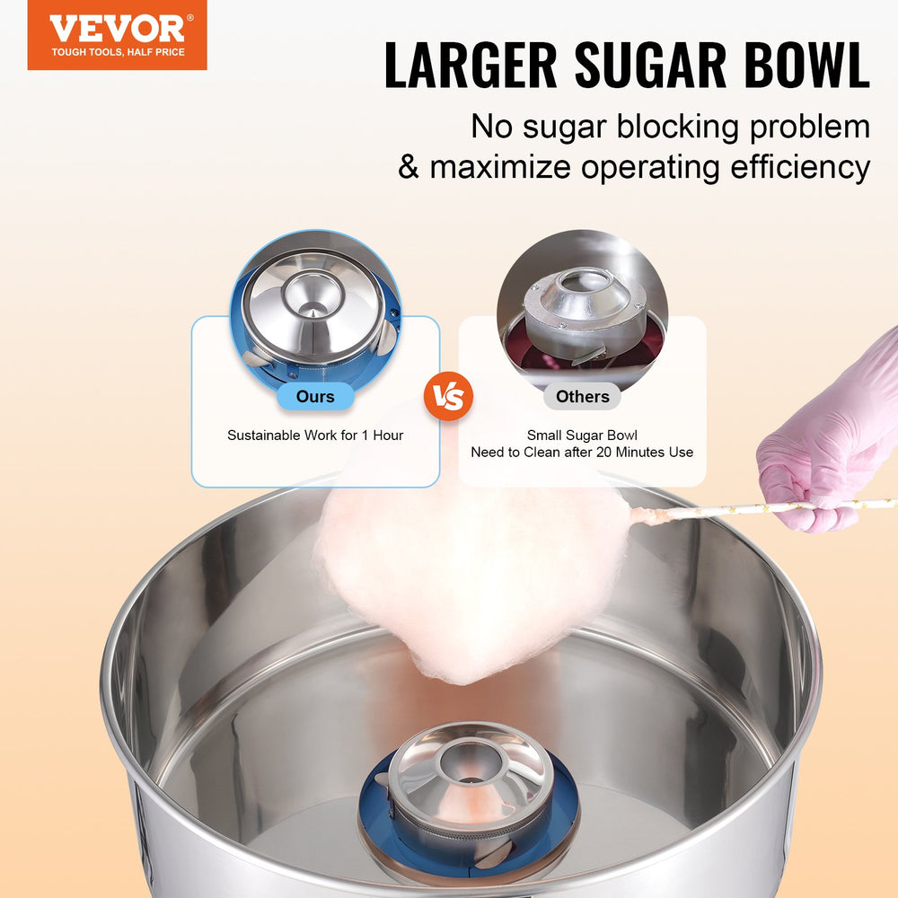 Vevor Cotton Candy Machine 1000W 244-439°F Stainless Steel Bowl with Sugar Scoop and Drawer New