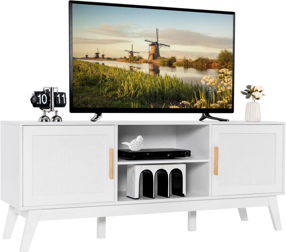 Mid-century modern white TV stand with rattan cabinets and open shelves, ideal for flat screen TVs up to 65 inches.