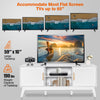 Mid-century modern white TV stand with rattan cabinets, supporting TVs up to 65 inches, featuring open shelves for.
