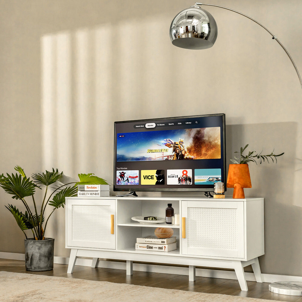 Mid-century modern TV stand in white with rattan cabinets and open shelves, perfect for TVs up to 65 inches.