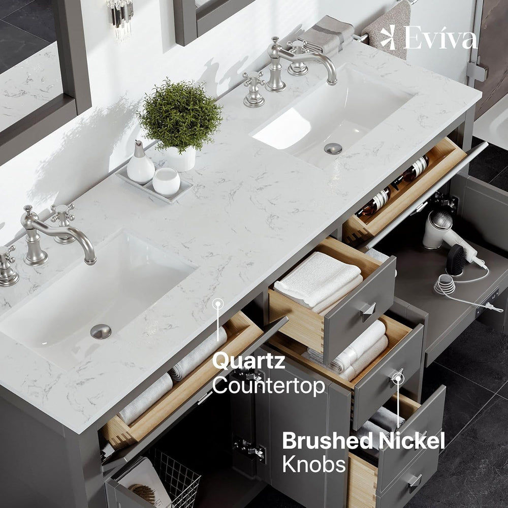 Eviva Totti Artemis 60" Bathroom Vanity Double Sinks Undermount Carrara Quartz Countertop New