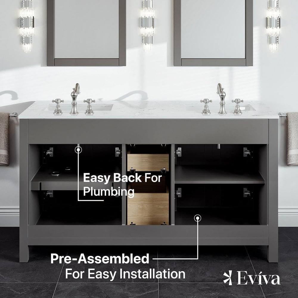 Eviva Totti Artemis 60" Bathroom Vanity Double Sinks Undermount Carrara Quartz Countertop New