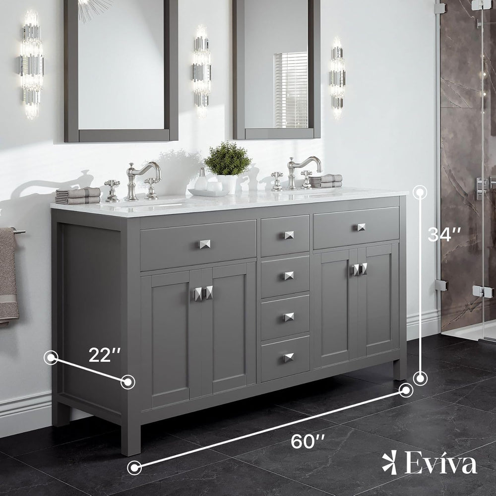 Eviva Totti Artemis 60" Bathroom Vanity Double Sinks Undermount Carrara Quartz Countertop New