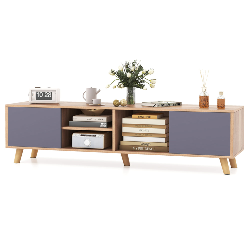 TV stand cabinet with spacious tabletop, side cabinets, and open shelf, perfect for living room storage and.