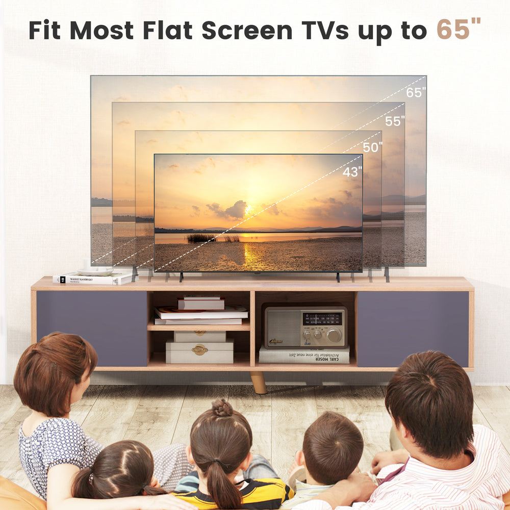 TV stand cabinet for TVs up to 65 inches with open shelf, featuring spacious storage and a minimalist design for living.
