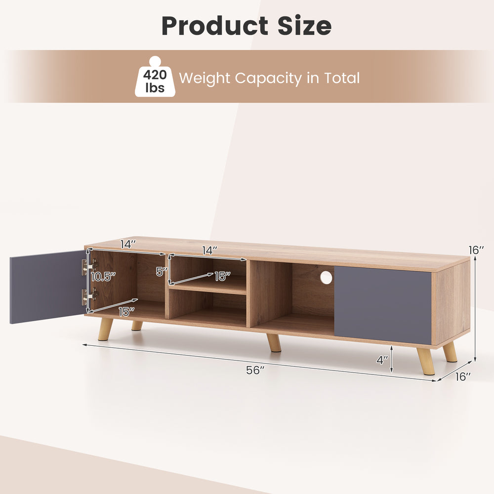 TV stand cabinet with dimensions, featuring open shelf and side cabinets for TVs up to 65 inches, perfect for living.