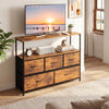 TV stand dresser in brown with five fabric drawers, designed for 45-inch TVs, perfect for entertainment centers.