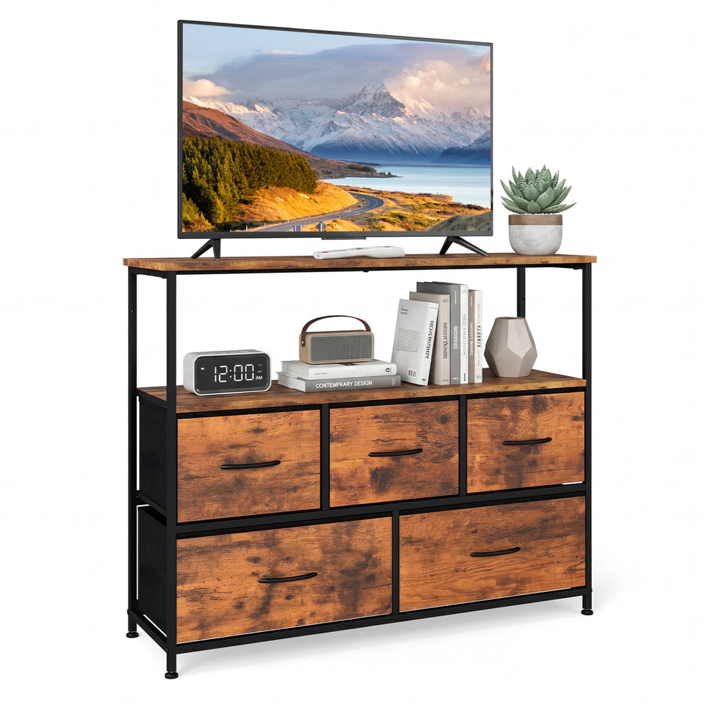 TV stand dresser with five fabric drawers, featuring a brown finish, designed for 45-inch TVs and stylish storage.