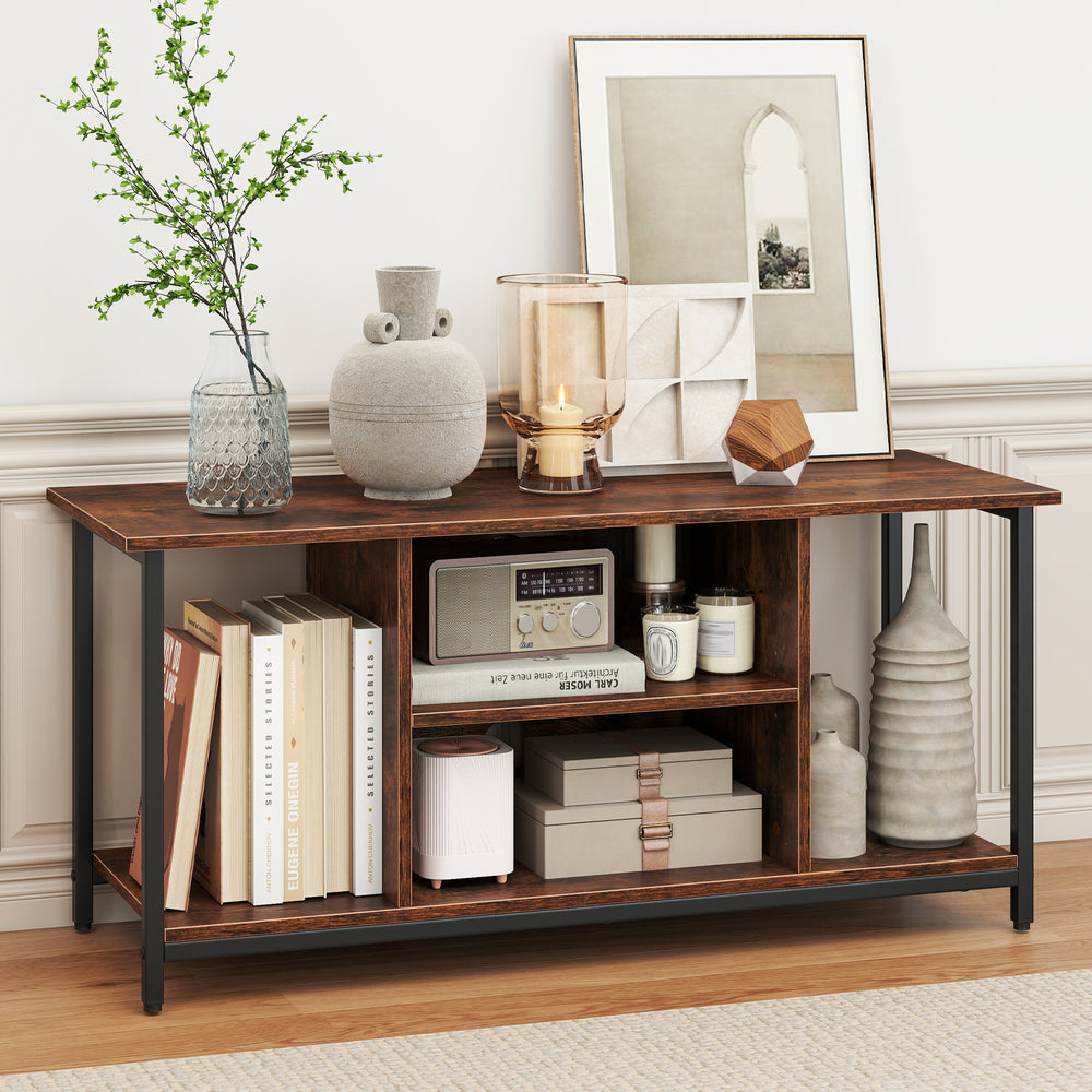 Rustic brown TV stand with open storage shelves, accommodating TVs up to 50 inches, perfect for media organization.