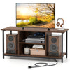 Rustic brown TV stand with open storage compartments and built-in USB ports, ideal for organizing media devices and.