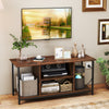 Rustic brown TV stand with open storage shelves, accommodating TVs up to 50 inches, featuring power outlets and cable.