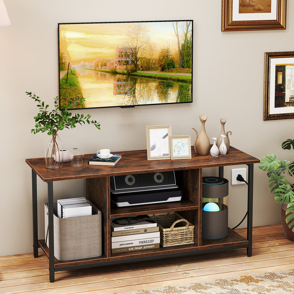 Rustic brown TV stand with open storage shelves, accommodating TVs up to 50 inches, featuring power outlets and cable.