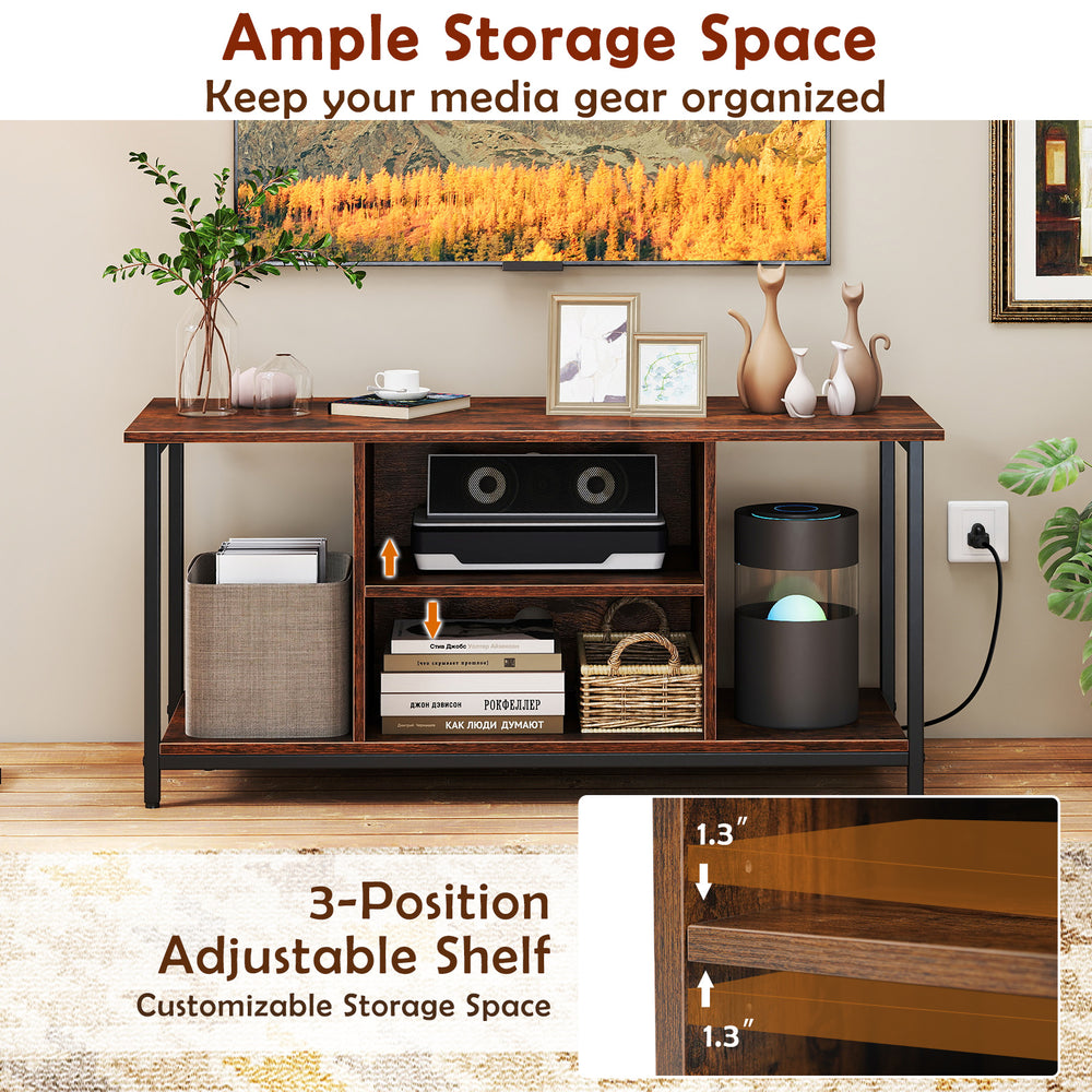 TV stand in rustic brown with open storage shelves, adjustable shelf, and built-in power outlets for media organization.