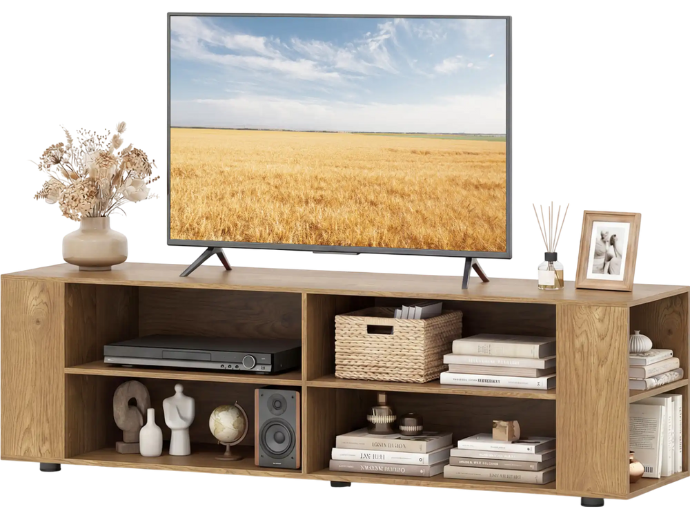 Modern wood TV stand with natural finish, featuring wide tabletop, open compartments, and ample storage for.