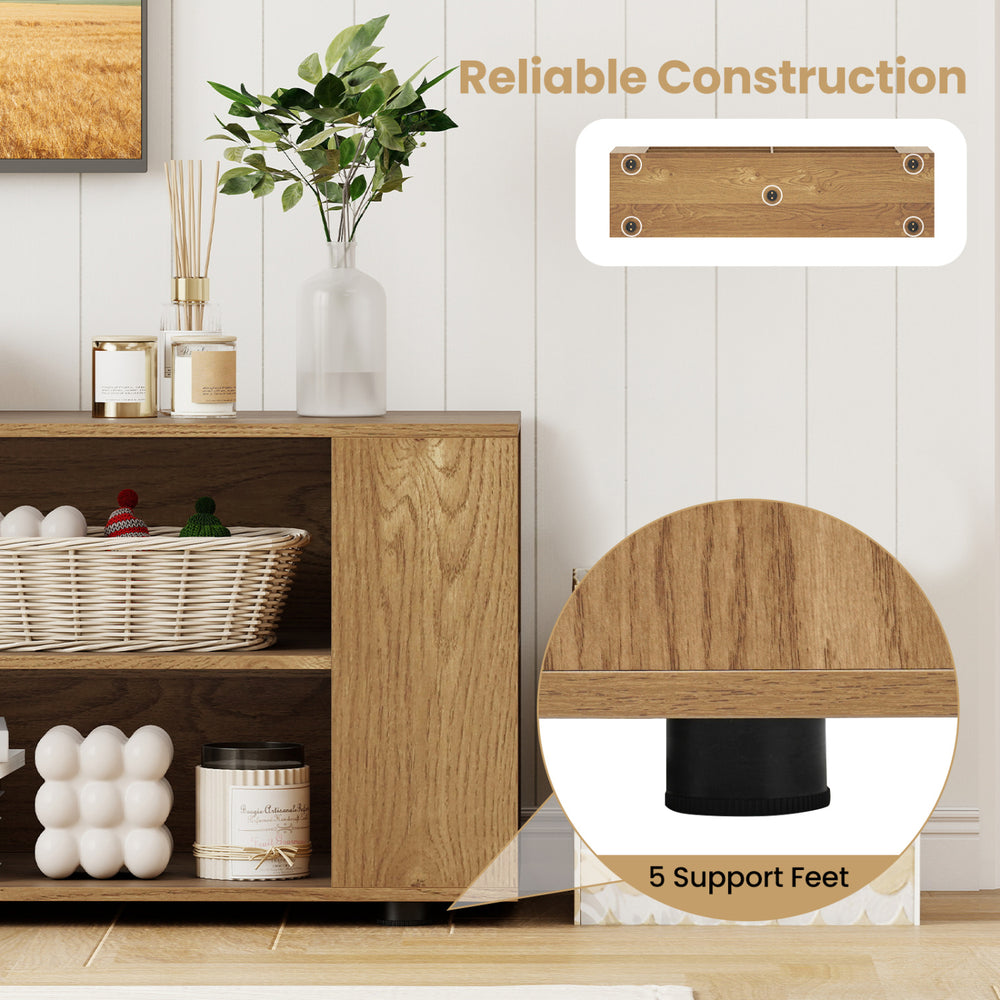 Modern wood TV stand with 5 support feet, featuring open compartments for storage and a natural finish for versatile.