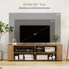 Modern wood TV stand with ample storage, fitting TVs up to 65”, featuring open compartments and stylish design.