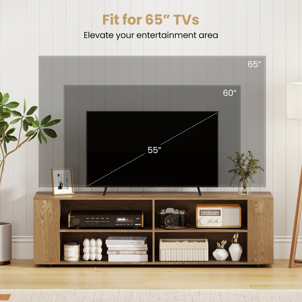 Modern wood TV stand with ample storage, fitting TVs up to 65”, featuring open compartments and stylish design.