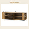 Dimensions of the natural wood TV stand with 4 open compartments and 5 raised legs for sturdy support.