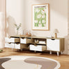 TV stand in oak with 5 drawers and 3 open shelves, designed for TVs up to 65”, featuring a modern aesthetic.
