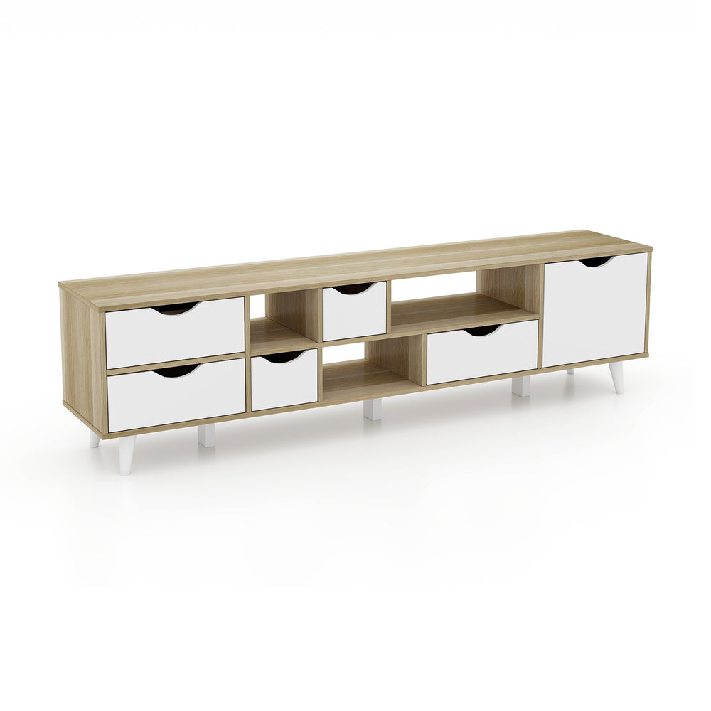 TV stand in oak finish with 5 drawers and 3 open shelves, designed for TVs up to 65” for stylish media storage.