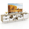 TV stand in oak finish with 5 drawers and 3 open shelves, designed for TVs up to 65”, ideal for modern living rooms.