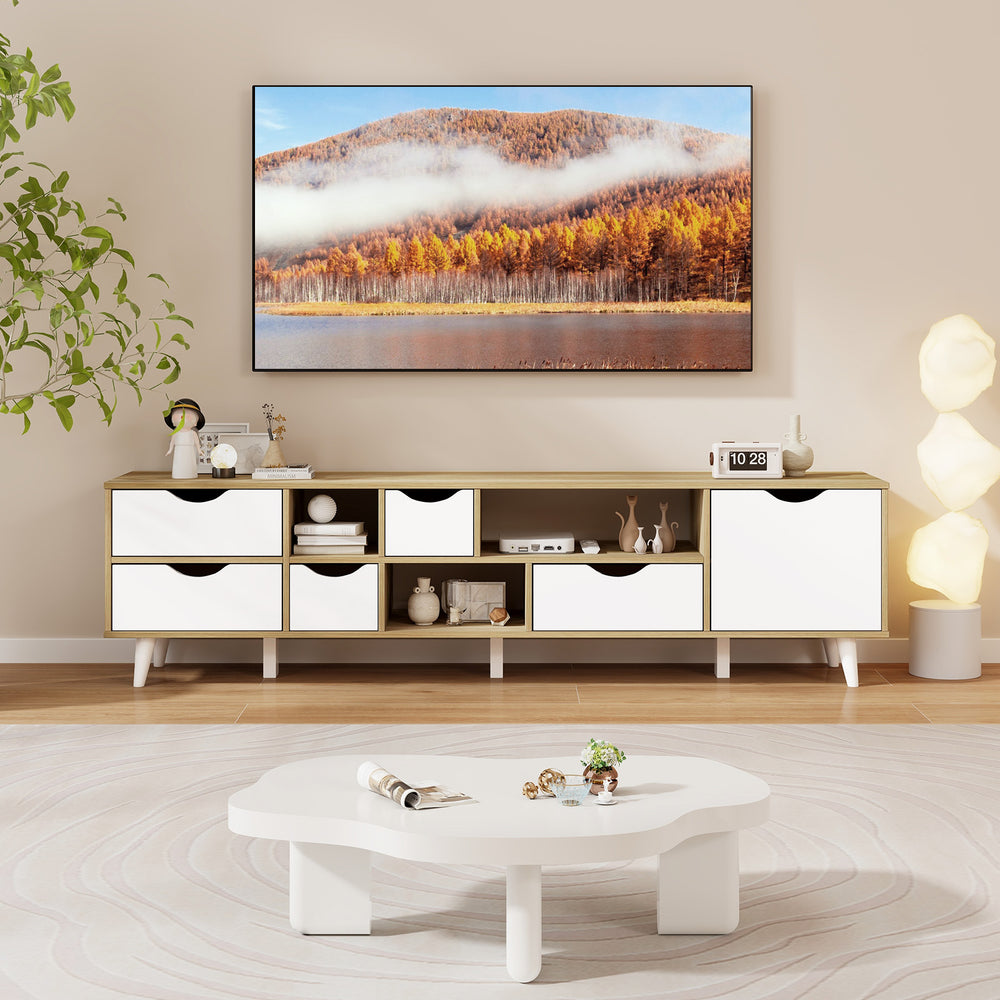 Modern TV stand for TVs up to 65”, featuring 5 drawers and 3 open shelves in oak finish for stylish media storage.