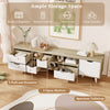 TV stand in oak finish featuring 5 pull-out drawers and 3 open shelves, ideal for TVs up to 65” and versatile storage.