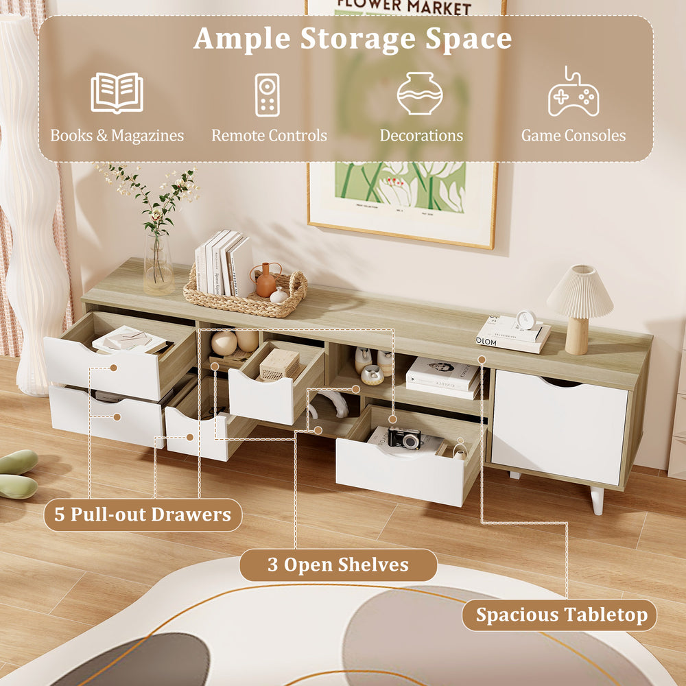 TV stand in oak finish featuring 5 pull-out drawers and 3 open shelves, ideal for TVs up to 65” and versatile storage.