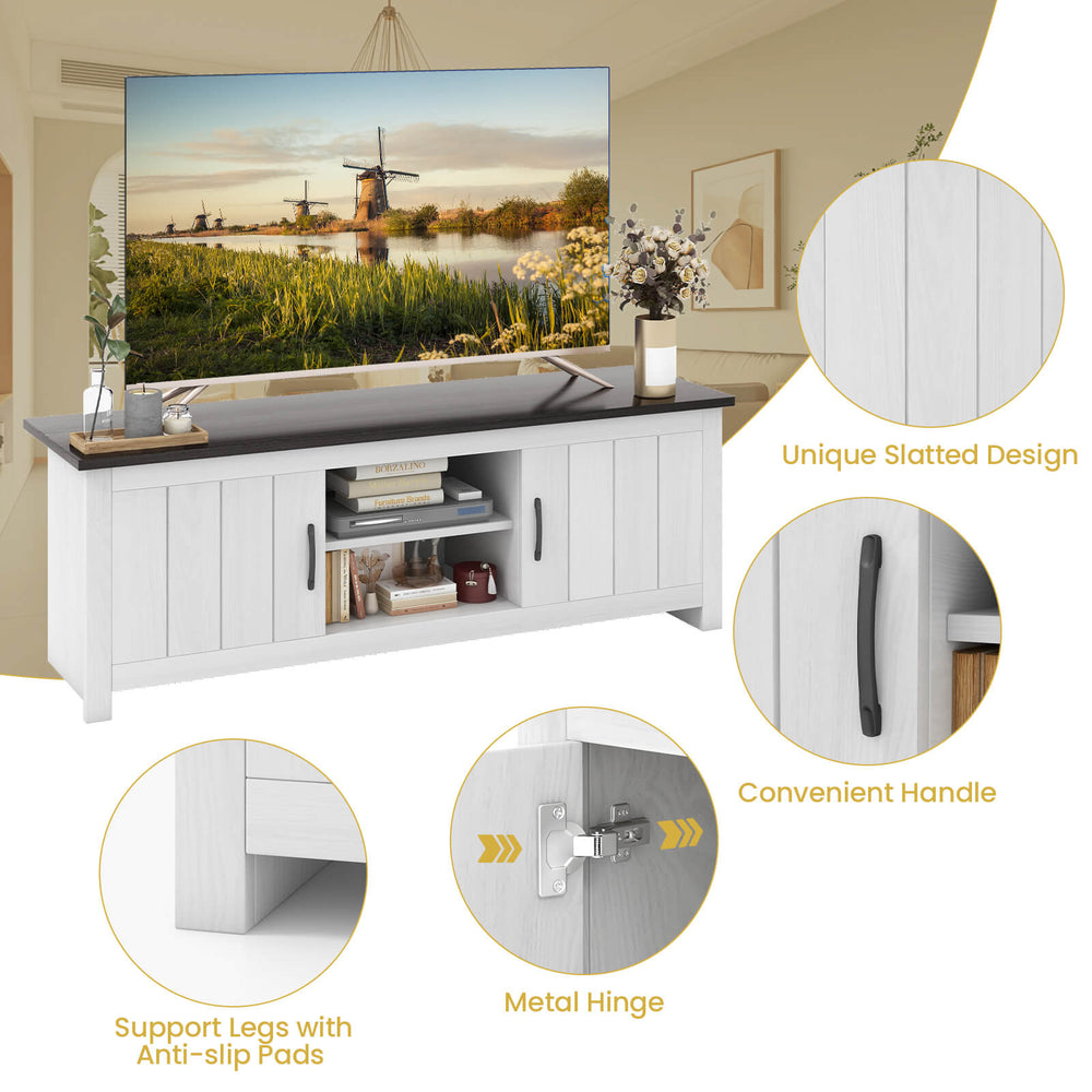 TV stand with a large tabletop, two cabinets, and open shelves, designed for TVs up to 65 inches, featuring a modern.