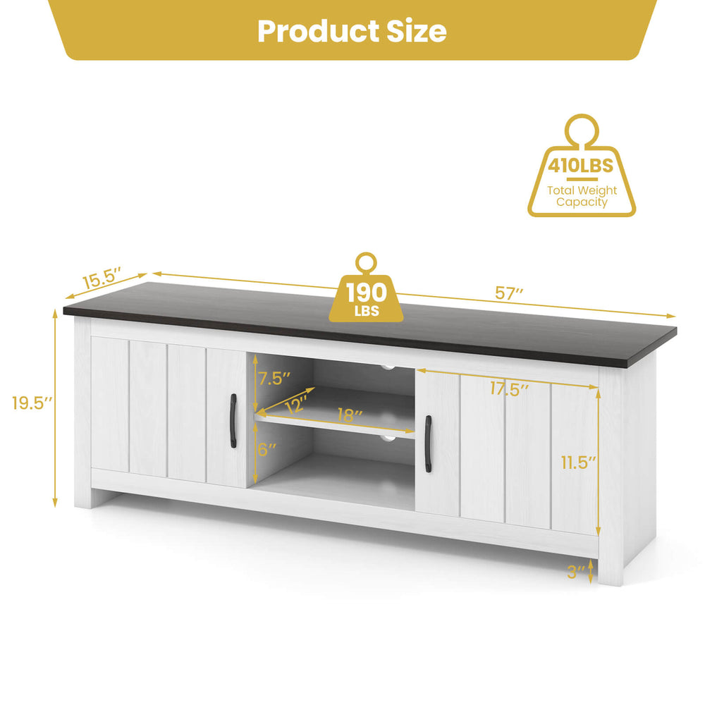Dimensions of the TV stand with 2 cabinets and open shelves, designed for TVs up to 65 inches, in black finish.