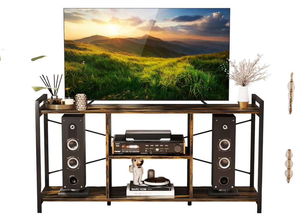 Rustic brown TV stand for 55-inch TVs with 3 open shelves and a robust metal frame, ideal for entertainment setups.
