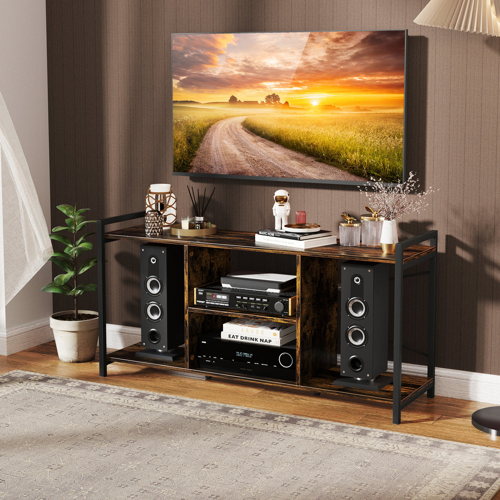 Rustic brown TV stand with anti-tipping kits and adjustable feet, designed for stability and supporting 55" TVs.