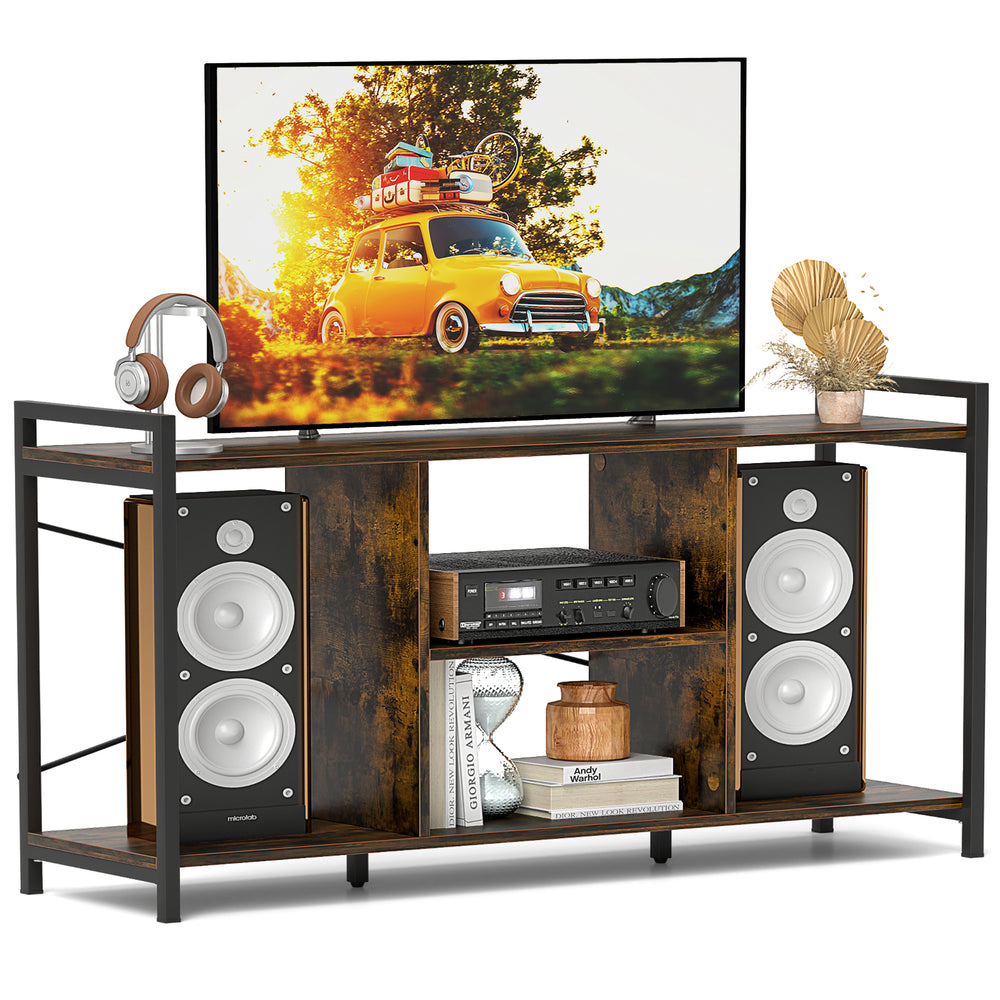 Industrial TV stand in rustic brown with 3-tier shelves, supporting up to 55" TVs, featuring a robust metal frame.