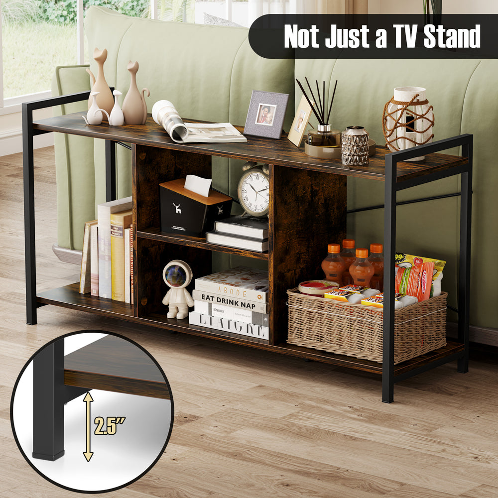 Rustic brown TV stand with 3 open shelves, sturdy metal frame, and anti-falling guardrails for 55-inch TVs.