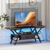TV stand in rustic brown for 65-inch TVs, featuring adjustable LED lights, storage drawer, and built-in power outlets.